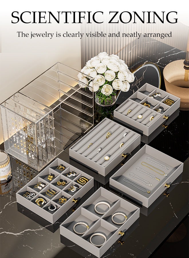 DUNISO صندوق تنظيم المجوهرات الأكريليكي، منظم مجوهرات شفاف متعدد الوظائف مع 5 أدراج و 2 حامل أقراط، علبة عرض تخزين مجوهرات مقاومة للغبار، لتخزين وعرض المجوهرات كهدية، رمادي - Image 4