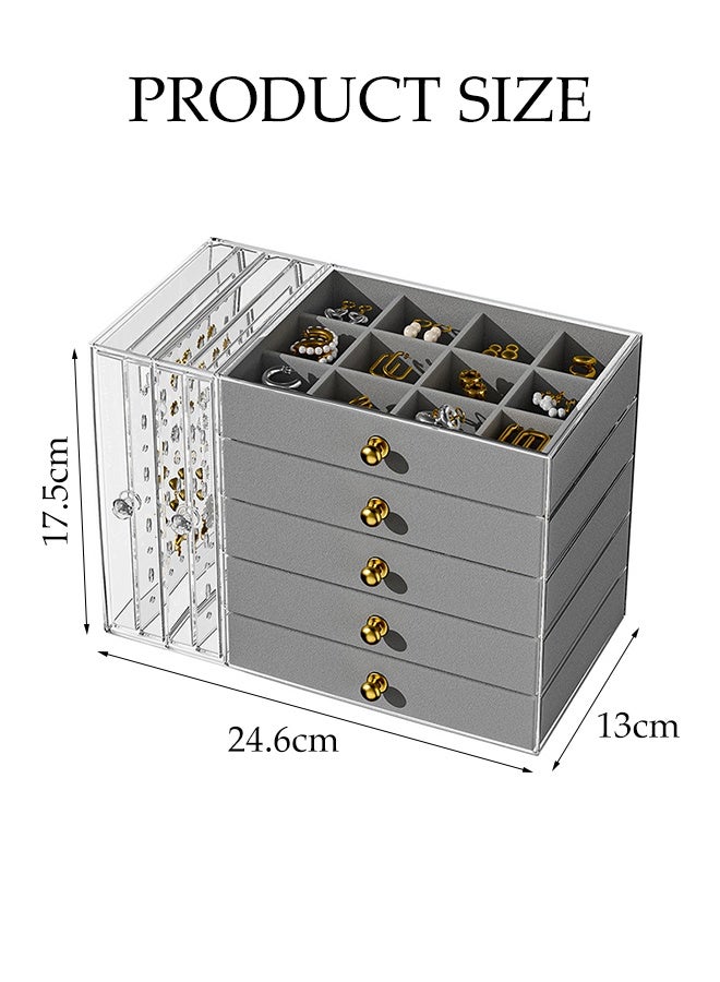 DUNISO صندوق تنظيم المجوهرات الأكريليكي، منظم مجوهرات شفاف متعدد الوظائف مع 5 أدراج و 2 حامل أقراط، علبة عرض تخزين مجوهرات مقاومة للغبار، لتخزين وعرض المجوهرات كهدية، رمادي - Image 2