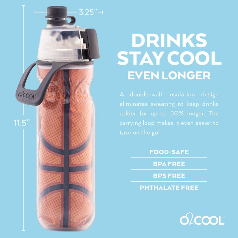 O2COOL Mist 'N Sip Misting Water Bottle 2-in-1 Mist And Sip Function With No Leak Pull Top Spout Reusable Sports Water Bottle - 20 oz (Basketball) - Image 3