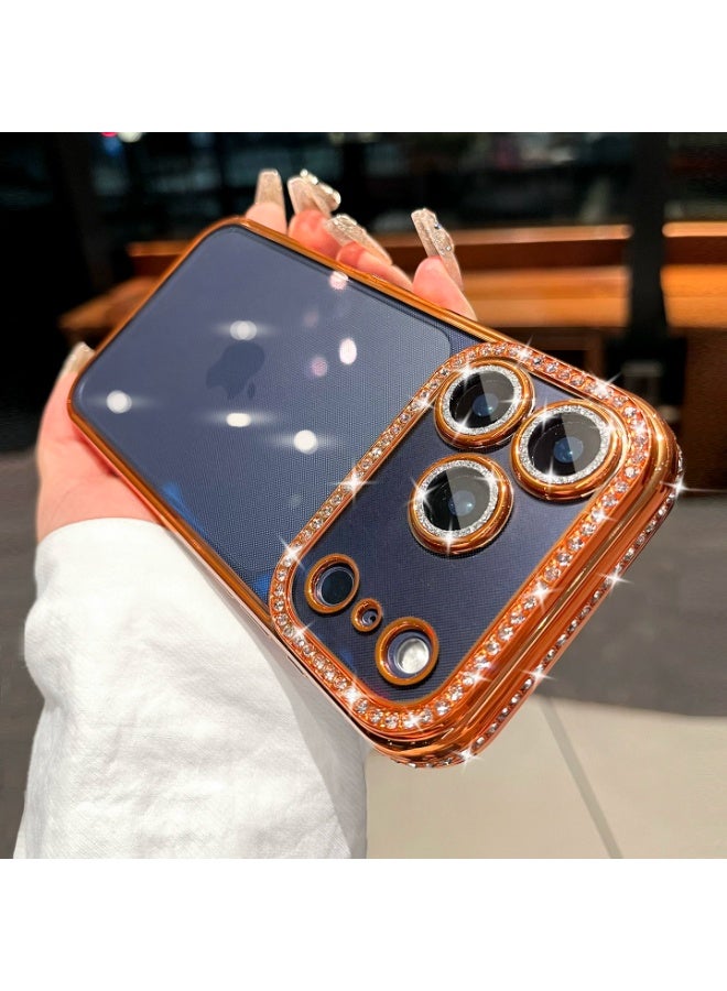 HaDoii for iPhone 17 Pro Case Clear Glitter, Orange, Cute Luxury 3D Sparkly Bling Diamond Rhinestone Camera Lens Protector Soft Plating TPU Bumper Transparent Women Girls Phone Case for iPhone 17 Pro - Image 3