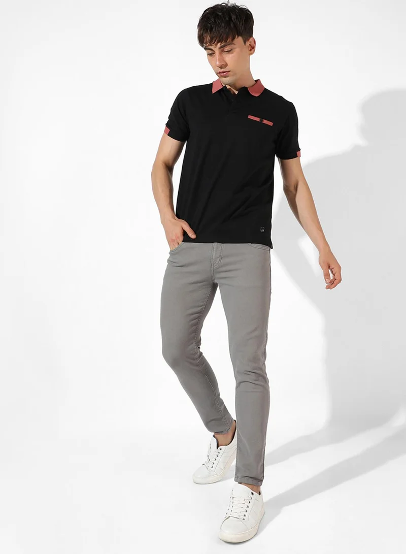 Campus Sutra Campus Sutra Men's Black Solid Spread Collar Short Sleeve Regular Fit Casual T-Shirt For Casual Wear |  T-Shirt Crafted With Comfort Fit And High-Performance For Everyday Wear