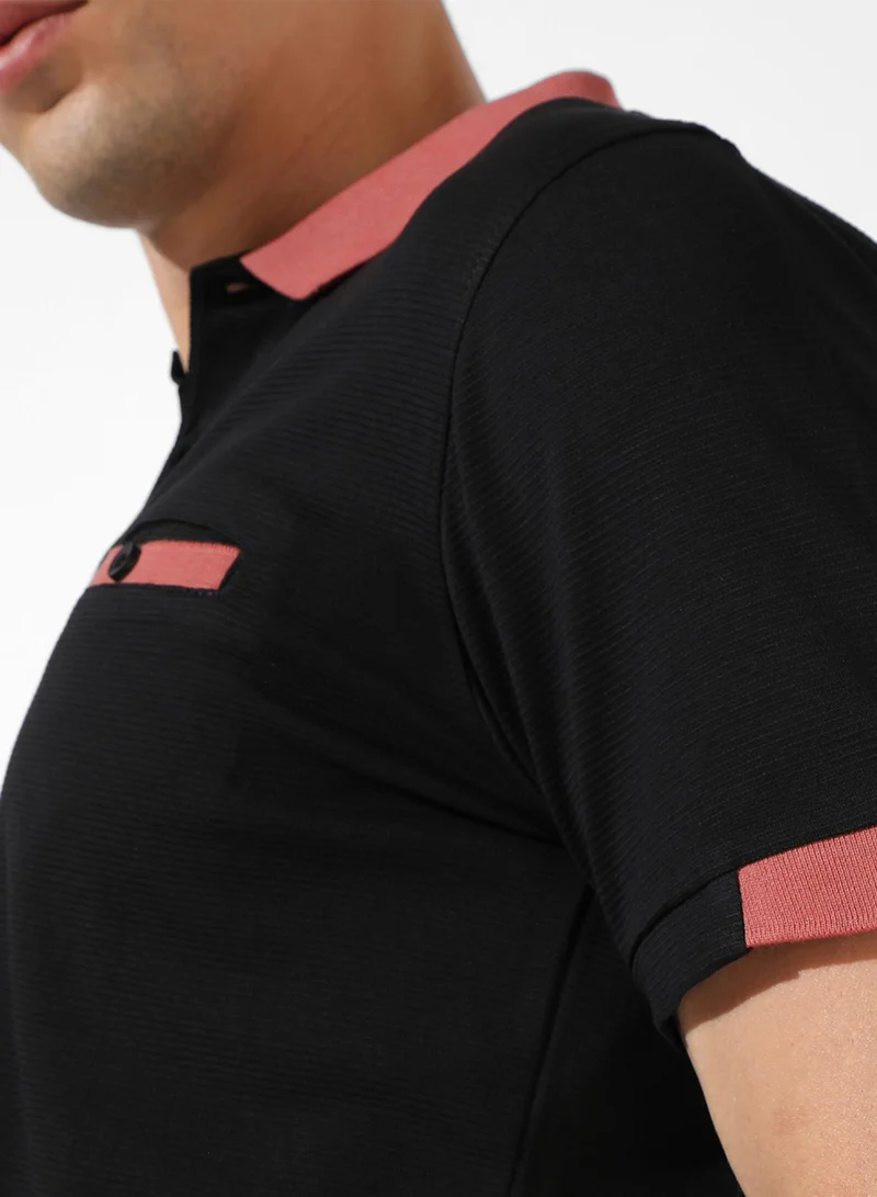 Campus Sutra Campus Sutra Men's Black Solid Spread Collar Short Sleeve Regular Fit Casual T-Shirt For Casual Wear |  T-Shirt Crafted With Comfort Fit And High-Performance For Everyday Wear