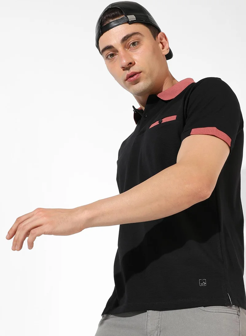 كامبوس سوترا Campus Sutra Men's Black Solid Spread Collar Short Sleeve Regular Fit Casual T-Shirt For Casual Wear |  T-Shirt Crafted With Comfort Fit And High-Performance For Everyday Wear
