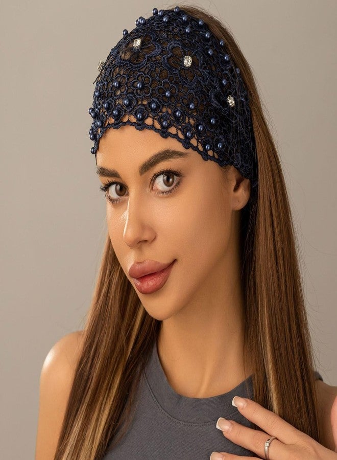 Melodio 3Pcs Lace Headband Set for Women, Wide Floral Pearl Lace Elastic Headband, Women's Fashion Hair Accessory, 3 Colors (Navy, Black, and Coffee) - Image 2