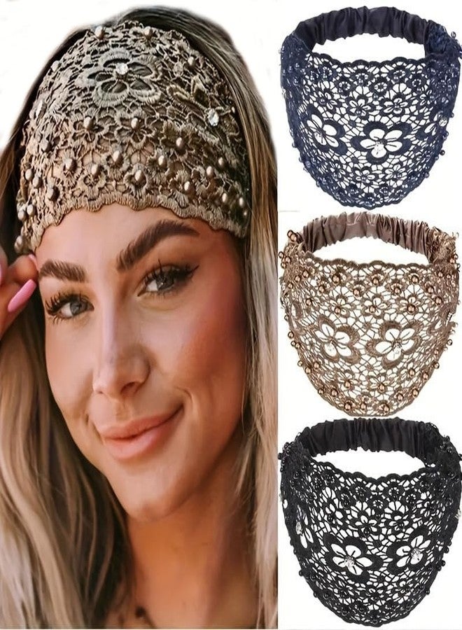 Melodio 3Pcs Lace Headband Set for Women, Wide Floral Pearl Lace Elastic Headband, Women's Fashion Hair Accessory, 3 Colors (Navy, Black, and Coffee) - Image 1