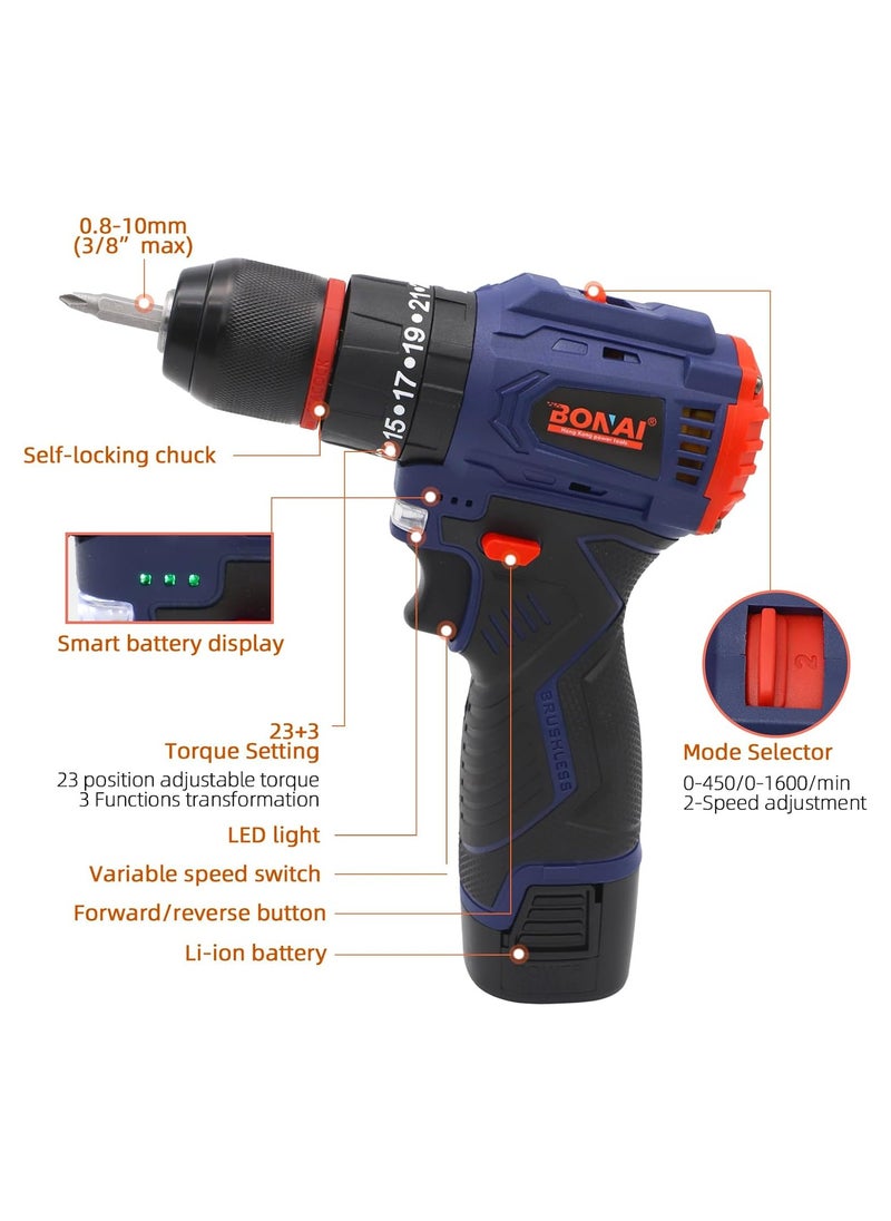 BONAI - 24V 0-450/0-1600 RPM Combi Hammer Drill with 2 Batteries in Kitbox for Metal, Wood & Wall Drilling & Screwdriving/Fastening, - Image 1