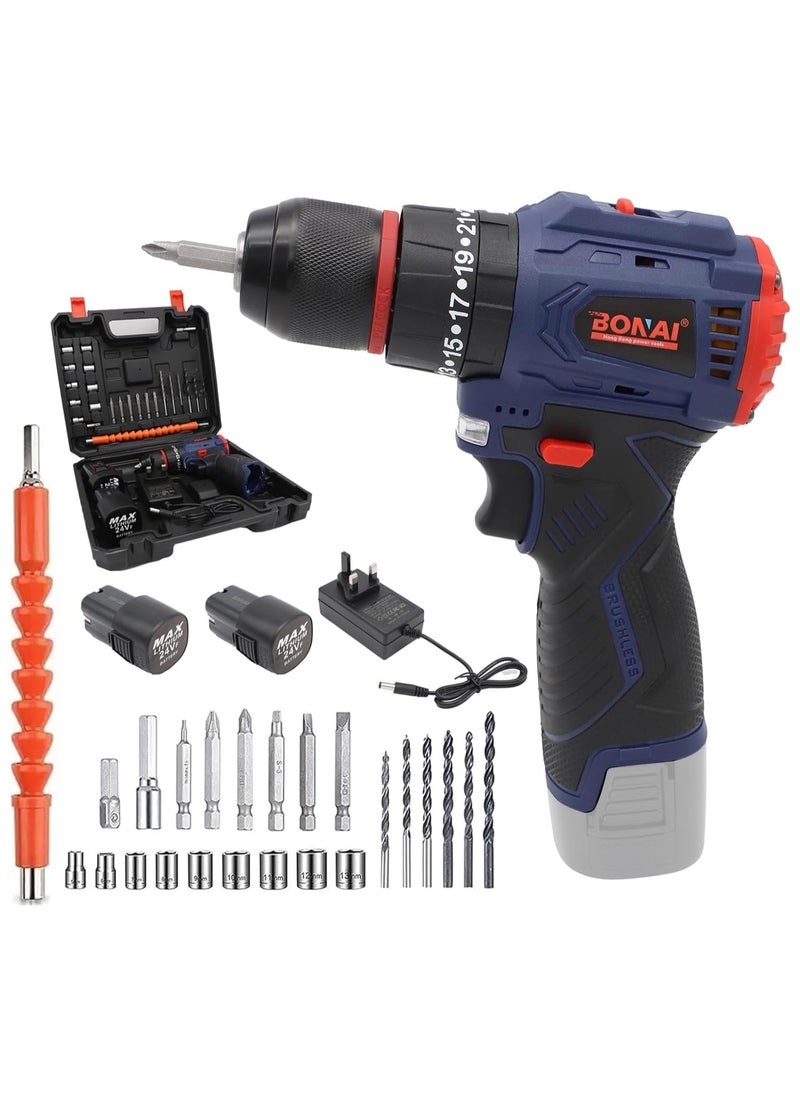 BONAI - 24V 0-450/0-1600 RPM Combi Hammer Drill with 2 Batteries in Kitbox for Metal, Wood & Wall Drilling & Screwdriving/Fastening, - Image 1
