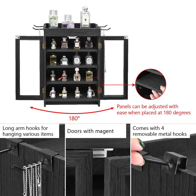 Ikee Design Small Wooden Countertop Storage Cabinet with Adjustable Shelves and Removable Hooks, Perfect for Perfume, Pantry, Essential Oil, 10.4W x 6.1D x 14.4H in, Black - Image 4