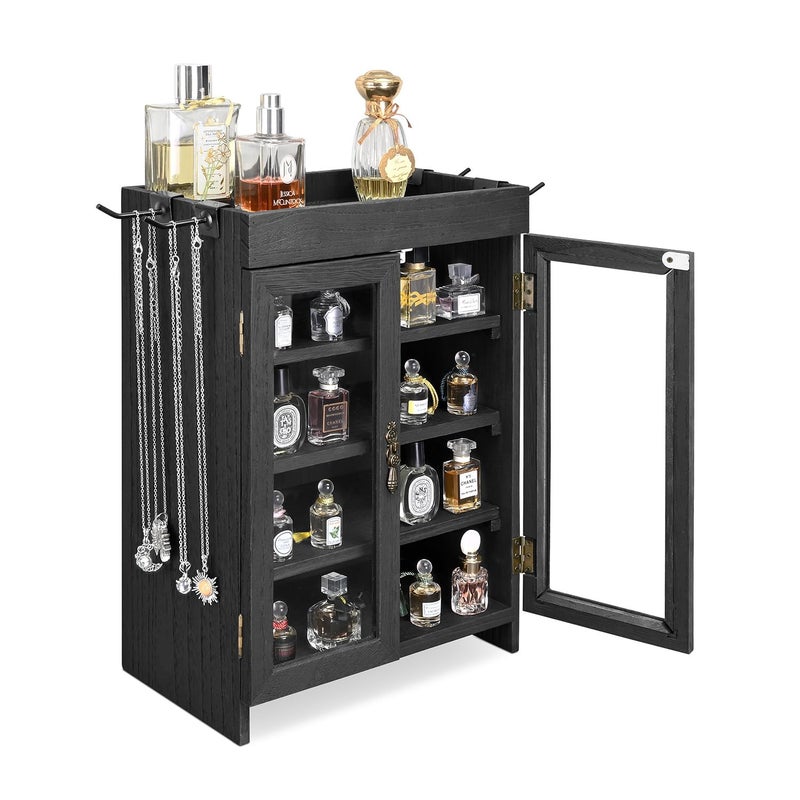 Ikee Design Small Wooden Countertop Storage Cabinet with Adjustable Shelves and Removable Hooks, Perfect for Perfume, Pantry, Essential Oil, 10.4W x 6.1D x 14.4H in, Black - Image 1