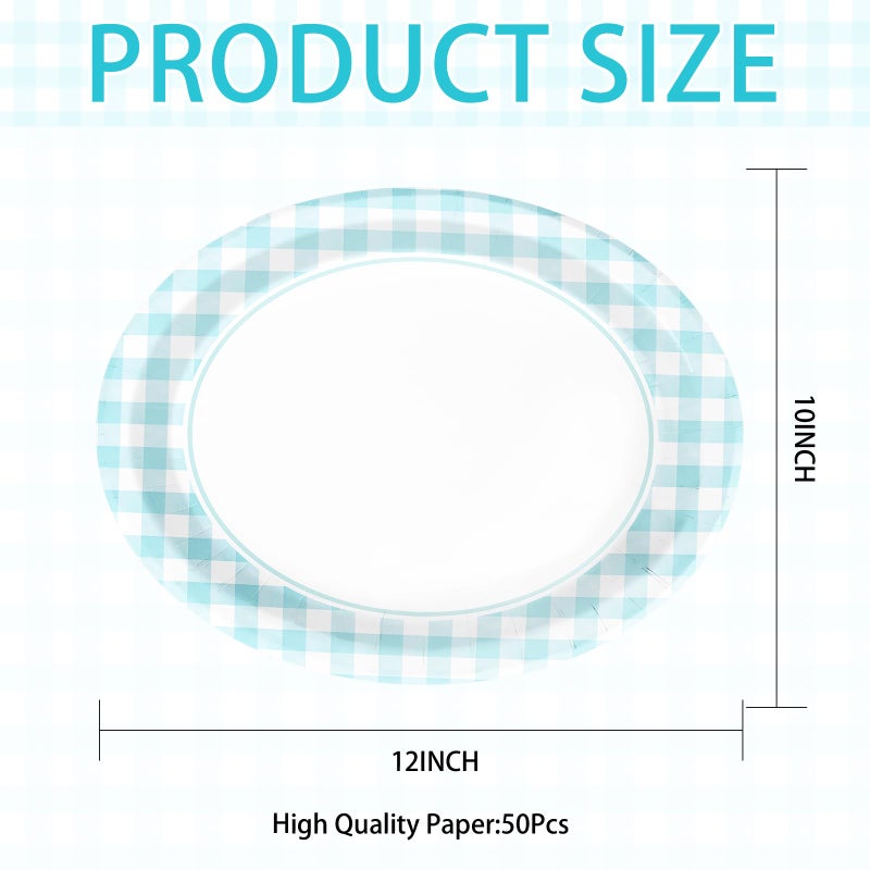 Grencian 50PCS Light Blue Gingham Paper Oval Plates 10"" X 12"" Disposable Light Blue and White Gingham Party Plates Disposable Heavy Duty Checkered Plaid Dinnerware for BBQ Gathering Picnic Baby Shower Birthday - Image 3