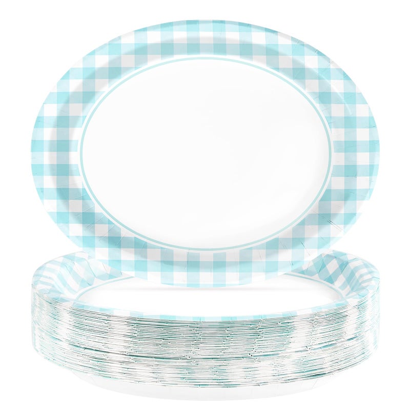 Grencian 50PCS Light Blue Gingham Paper Oval Plates 10"" X 12"" Disposable Light Blue and White Gingham Party Plates Disposable Heavy Duty Checkered Plaid Dinnerware for BBQ Gathering Picnic Baby Shower Birthday - Image 1