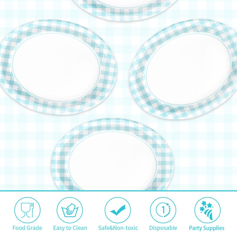 Grencian 50PCS Light Blue Gingham Paper Oval Plates 10"" X 12"" Disposable Light Blue and White Gingham Party Plates Disposable Heavy Duty Checkered Plaid Dinnerware for BBQ Gathering Picnic Baby Shower Birthday - Image 2