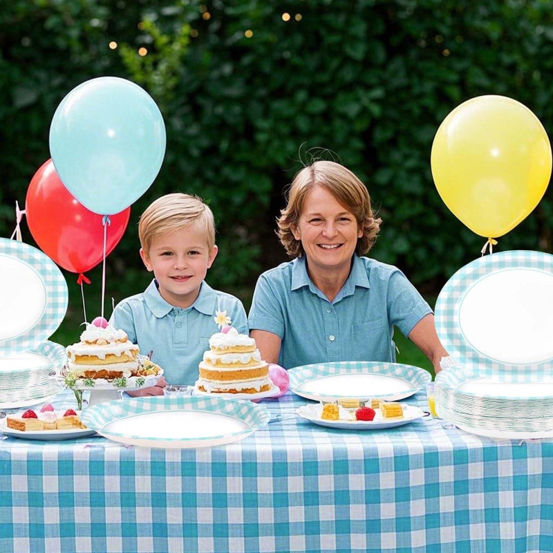 Grencian 50PCS Light Blue Gingham Paper Oval Plates 10"" X 12"" Disposable Light Blue and White Gingham Party Plates Disposable Heavy Duty Checkered Plaid Dinnerware for BBQ Gathering Picnic Baby Shower Birthday - Image 4