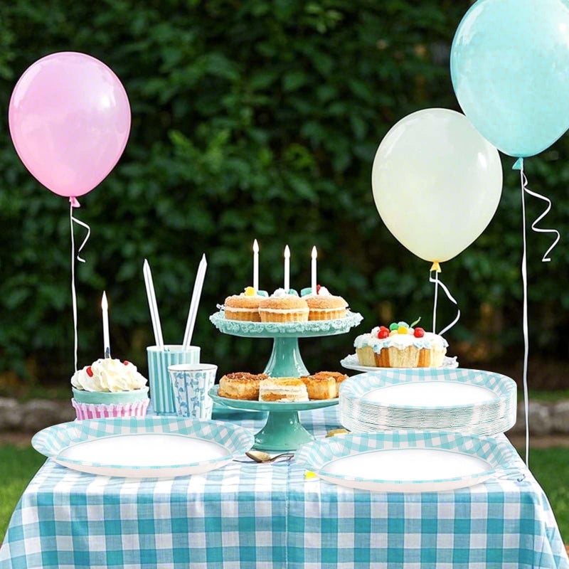 Grencian 50PCS Light Blue Gingham Paper Oval Plates 10"" X 12"" Disposable Light Blue and White Gingham Party Plates Disposable Heavy Duty Checkered Plaid Dinnerware for BBQ Gathering Picnic Baby Shower Birthday - Image 5