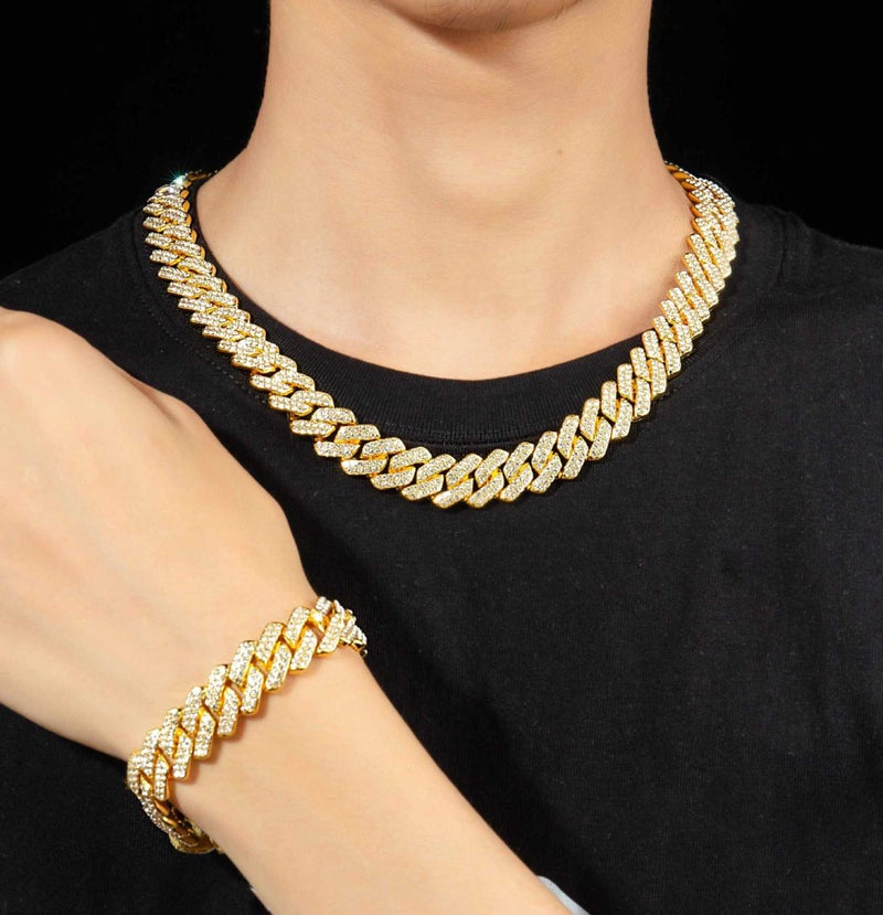 New alloy Cuban chain 14mm diamond-shaped original design diamond necklace for men and women cross-border hip-hop style 40cm rose gold 85g - Image 3