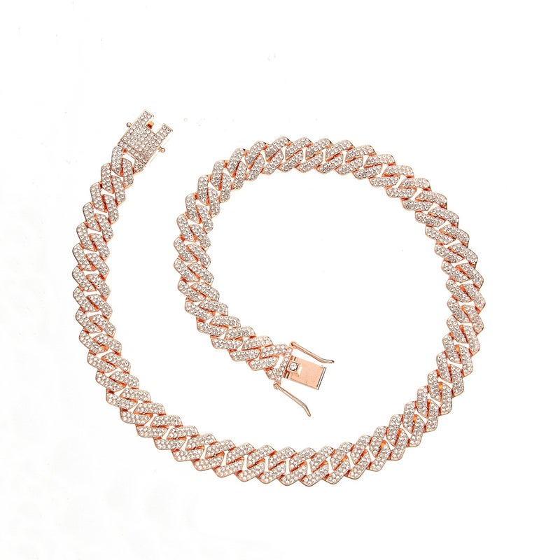 New alloy Cuban chain 14mm diamond-shaped original design diamond necklace for men and women cross-border hip-hop style 40cm rose gold 85g - Image 1