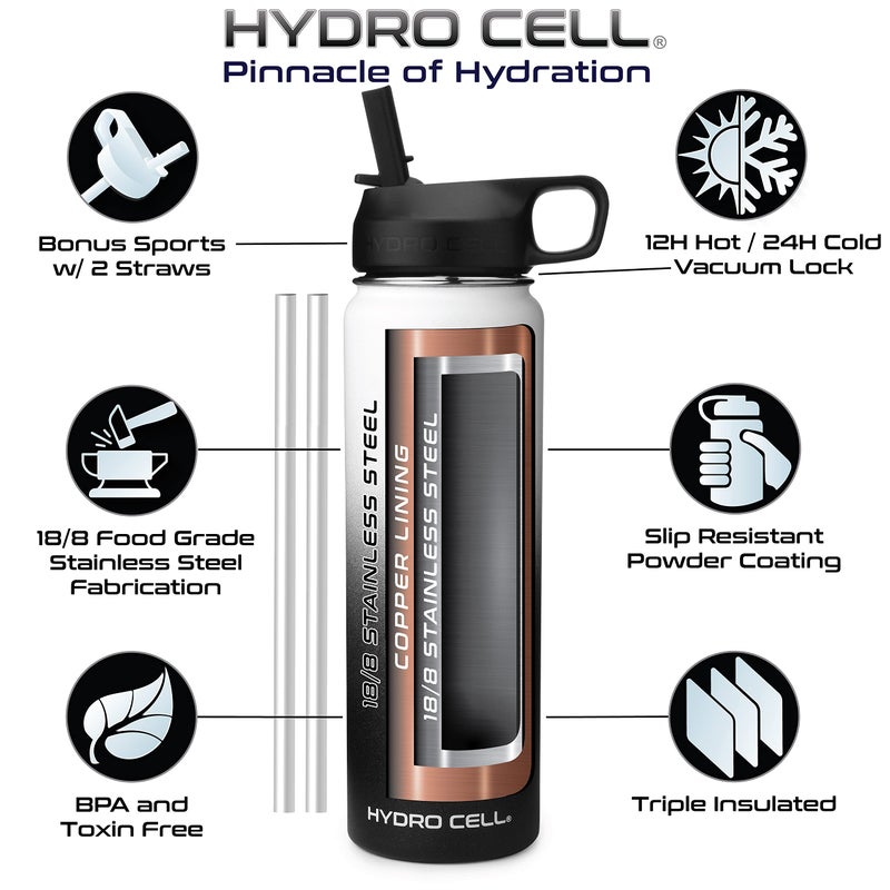 HYDRO CELL Stainless Steel Insulated Water Bottle with Straw - For Cold & Hot Drinks - Metal Vacuum Flask with Screw Cap and Modern Leakproof Sport Thermos for Adults (Black/White 24oz) - Image 3
