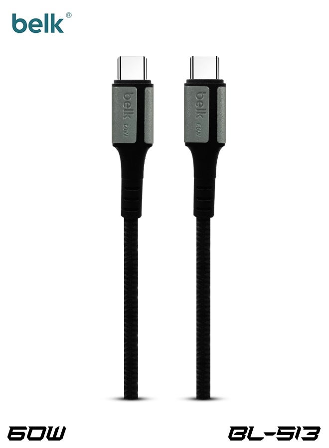 بيلك كابل شحن سريع BELK BL-S13 (من Type-C إلى Type-C) بقدرة 60 واط وطول 3 أمتار | يدعم تقنيتي الشحن السريع (Quick Charge) وتوصيل الطاقة (Power Delivery) | سلك متين مجدول من النايلون | نقل بيانات عالي السرعة بسرعة 480 ميجابت في الثانية | متوافق مع الهواتف الذكية والأجهزة اللوحية وأجهزة الكمبيوتر المحمولة وأجهزة Type-C | هيكل قوي معزز بمادة الكيفلار - Image 1