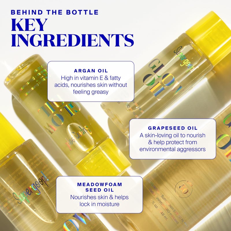 Supergoop! Glow Oil, 1.0 fl oz - SPF 50 PA++++ Hydrating, Nourishing Vitamin E Body Oil + Broad Spectrum Sunscreen Protection - With Marigold, Meadowfoam & Grape Seed Extracts - Image 3