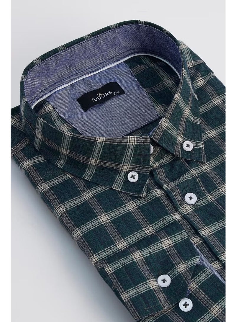 Tudors Men's Big Size Large Size Cotton Small Plaid Button-Down Collar Shirt - Image 1