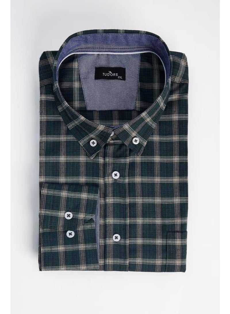 Tudors Men's Big Size Large Size Cotton Small Plaid Button-Down Collar Shirt - Image 2