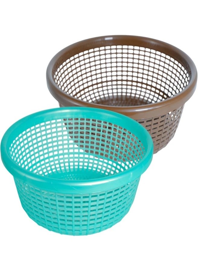 Simply Home Avika Medium Round Organizer Plastic Baskets| Kitchen, Bathroom, Office & Home – Durable, Stackable,Strainer Tokri For Fruits, Vegetables, Toys| Set of 2 | BROWN GREEN - Image 1