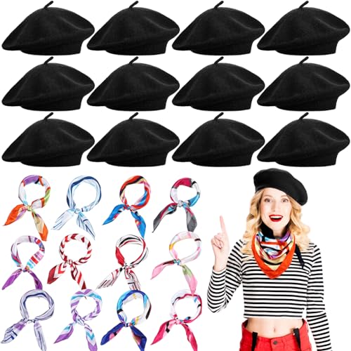 Shinymoon 24 Pcs Wool Beret Hat Bulk Artist Beanie Beret Warm French Hat with Silky Neck Scarf for Women Girl Lady(Black,Classic Style) - Image 1