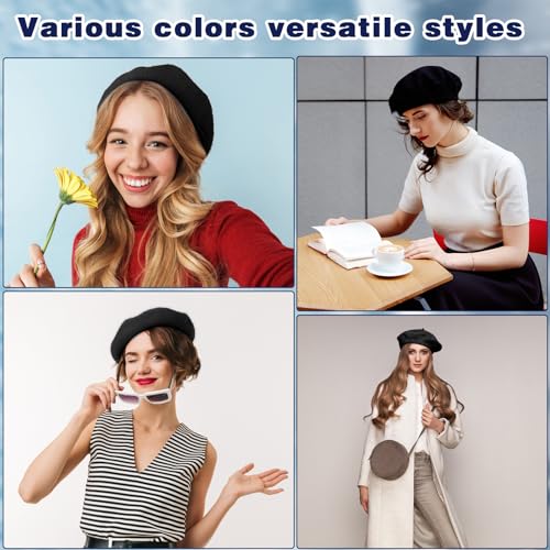 Shinymoon 24 Pcs Wool Beret Hat Bulk Artist Beanie Beret Warm French Hat with Silky Neck Scarf for Women Girl Lady(Black,Classic Style) - Image 2