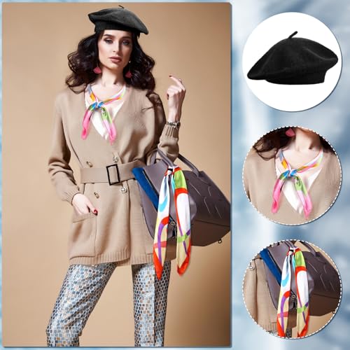 Shinymoon 24 Pcs Wool Beret Hat Bulk Artist Beanie Beret Warm French Hat with Silky Neck Scarf for Women Girl Lady(Black,Classic Style) - Image 5