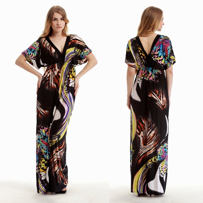 general Women's Plus Size Bohemian Long Dress Black Feather Print V-Neck - Image 3