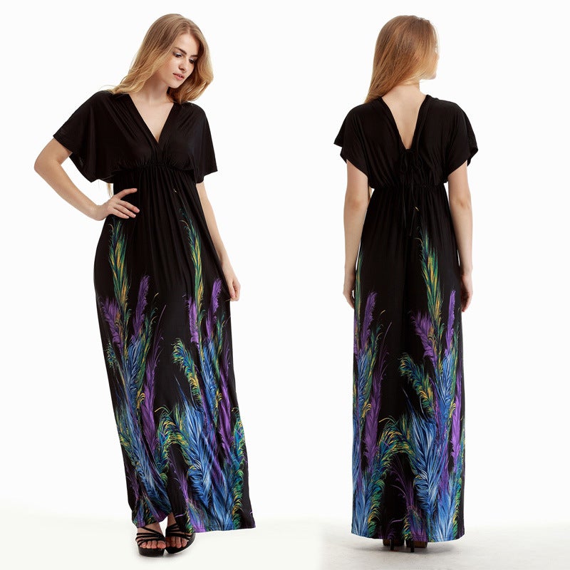 general Women's Plus Size Bohemian Long Dress Black Feather Print V-Neck - Image 4