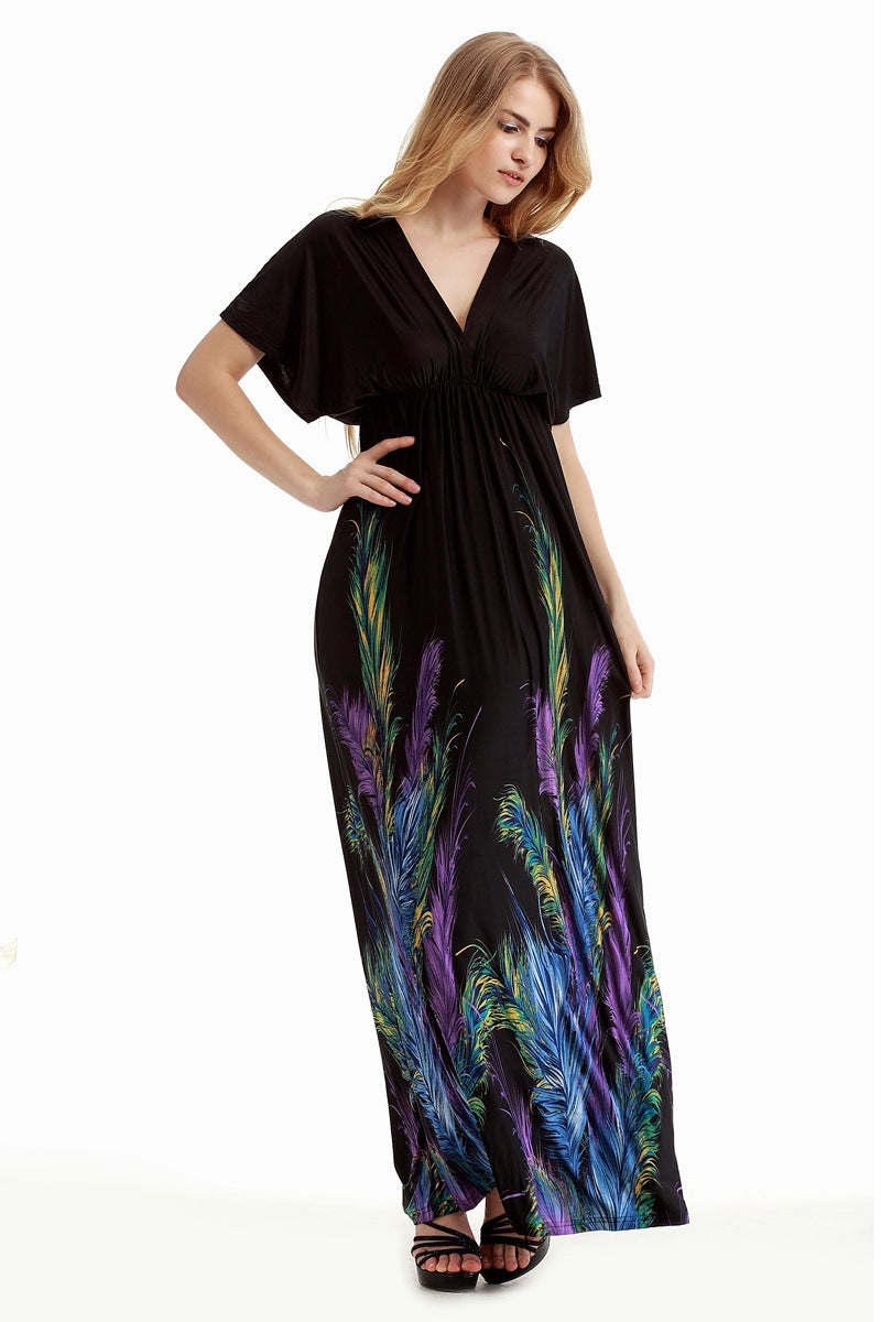 general Women's Plus Size Bohemian Long Dress Black Feather Print V-Neck - Image 1