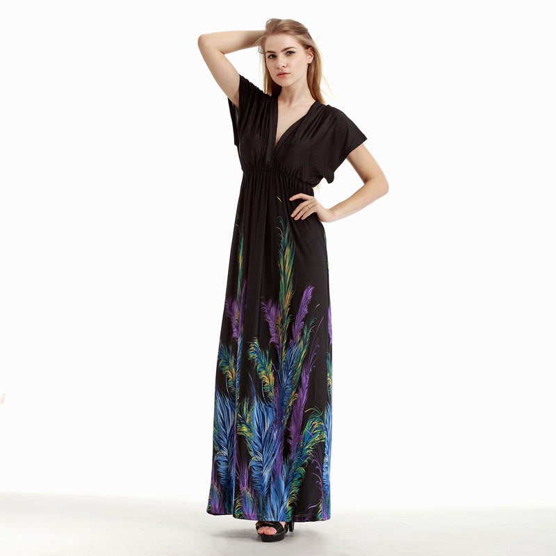 general Women's Plus Size Bohemian Long Dress Black Feather Print V-Neck - Image 2