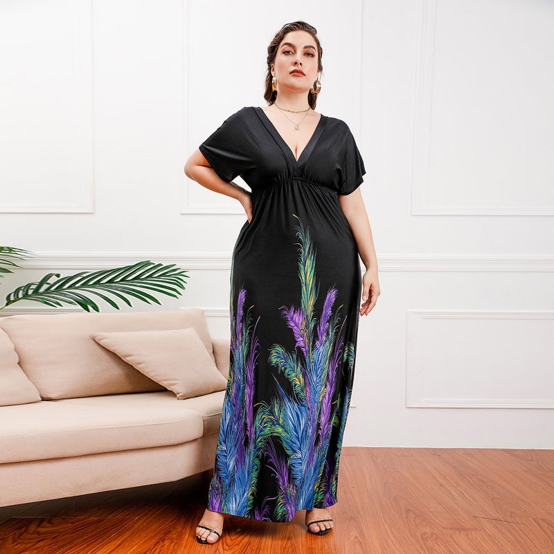 general Women's Plus Size Bohemian Long Dress Black Feather Print V-Neck - Image 5