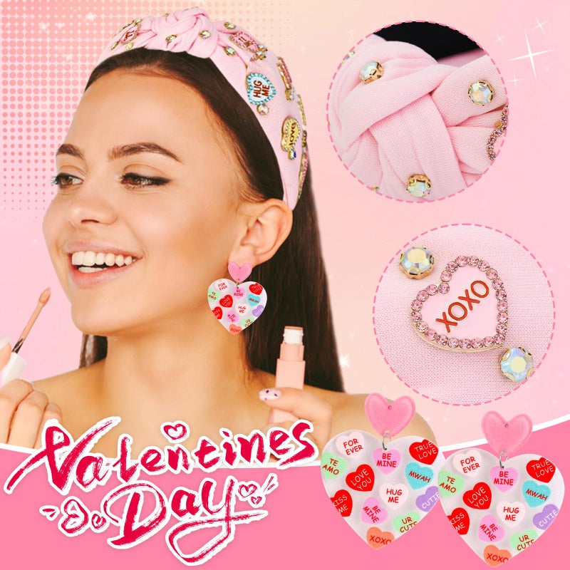 Gushu Valentineâ€™s Day Headbands for Women, Valentines Pink Knotted Heart Headband Heart Earrings Crystal Jeweled Wide Top Knot Headband Valentineâ€™s Day Hair Accessories Gifts - Image 3
