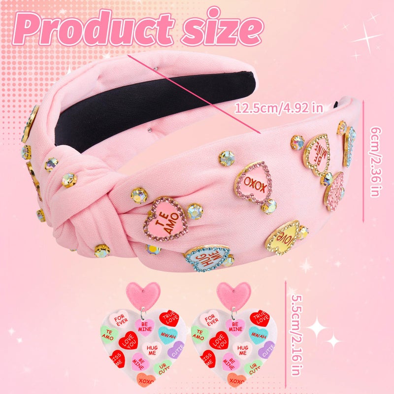 Gushu Valentineâ€™s Day Headbands for Women, Valentines Pink Knotted Heart Headband Heart Earrings Crystal Jeweled Wide Top Knot Headband Valentineâ€™s Day Hair Accessories Gifts - Image 2