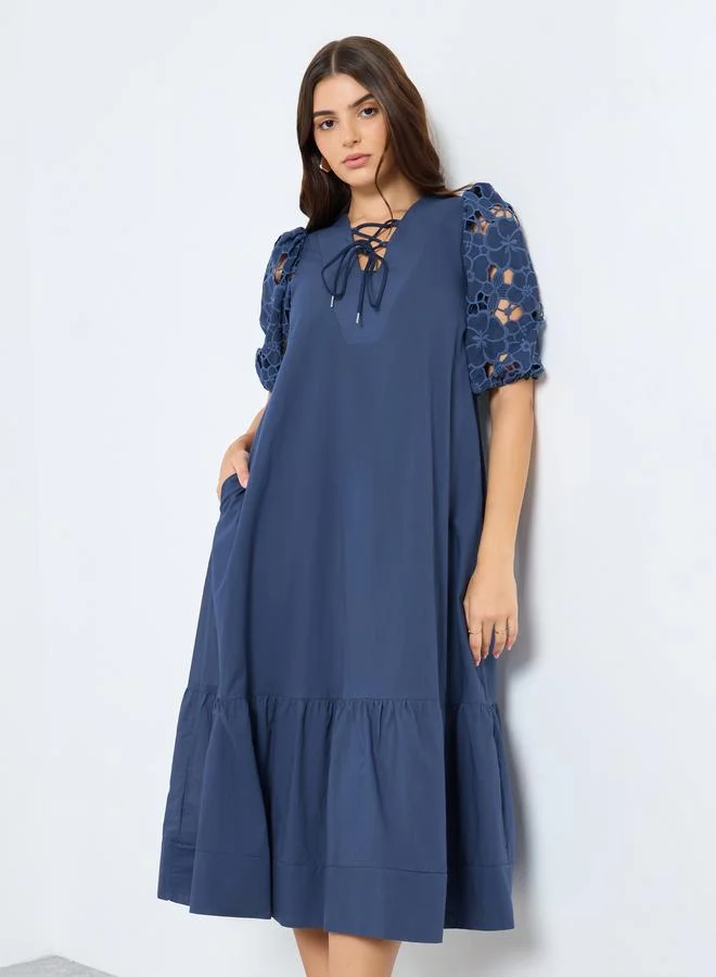 Styli Lace Puff Sleeves Midi Dress with Tie-Up Neck
