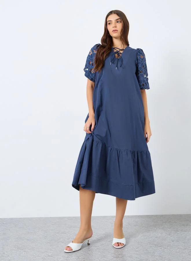 Styli Styli Lace Puff Sleeves Midi Dress with Tie-Up Neck