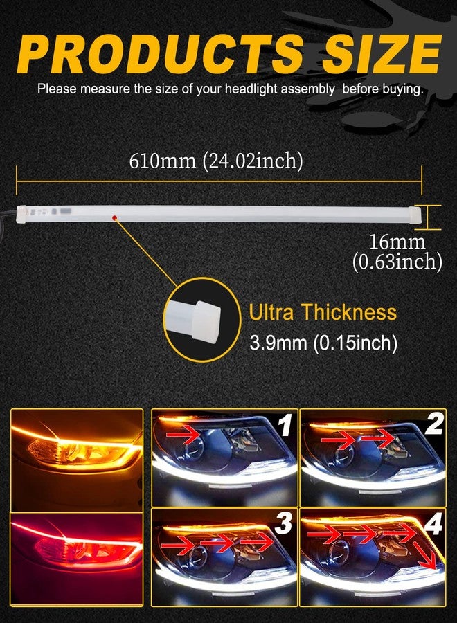 Qasimled 24inch red+yellow led daytime running lights auto flowing sequential turn signal guide strip headlight assembly car motorcycle accessories 2-pack - Image 2