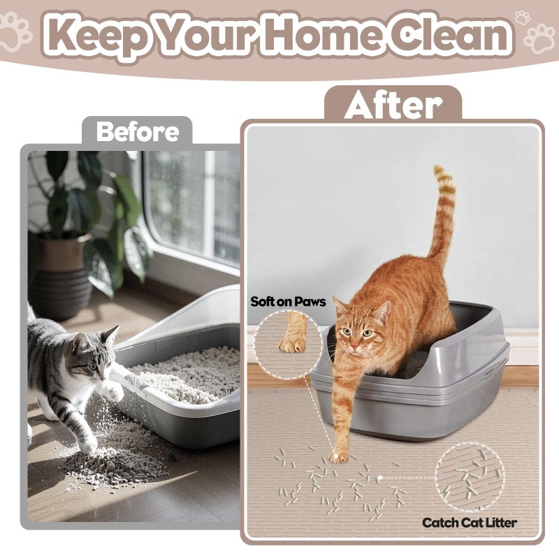 Bartuke Cat Litter Mat, Extra Large 40" x 28" Silicone Mat Litter Trapping Mat for Scatter Control, Soft on Kitty Paws, Easy to Clean (Khaki) - Image 2