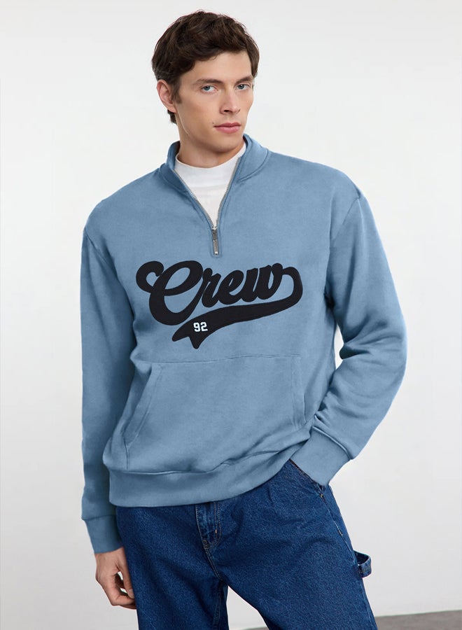 trendyol Blue Stand Collar Oversize/Wide Cut Stand Collar Zippered Text Embroidered Sweatshirt - Image 5