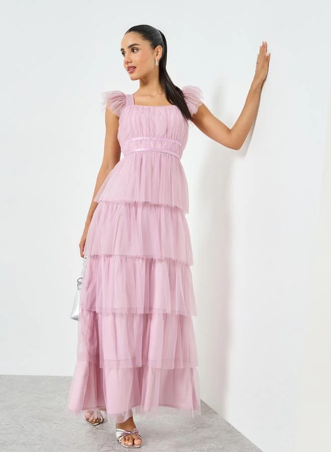 Lilac Ruffled Sleeves Mesh Tiered Maxi Dress