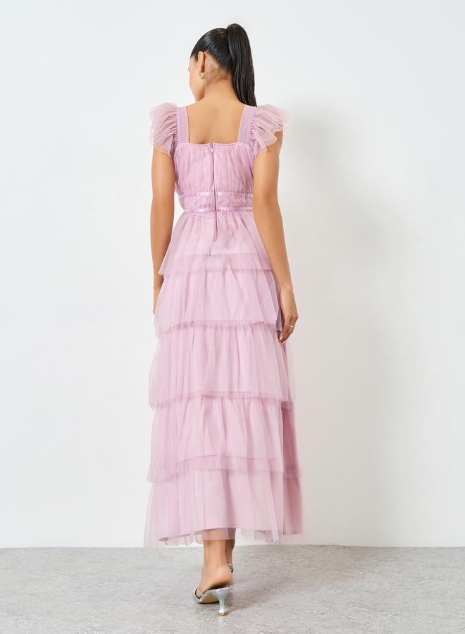 ستايلي فستان طويل بطيات وتفاصيل شبك مع كشكش - Image 5