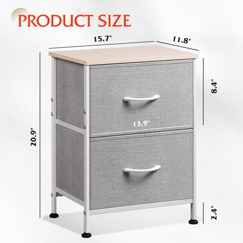 WLIVE Night Stand, Gray Nightstand with 2 Fabric Drawers, Small Dresser for Bedroom, Closet, College Dorm, End Table Side Furniture, Wood Top, Light Grey - Image 4