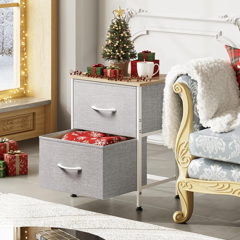 WLIVE Night Stand, Gray Nightstand with 2 Fabric Drawers, Small Dresser for Bedroom, Closet, College Dorm, End Table Side Furniture, Wood Top, Light Grey - Image 3