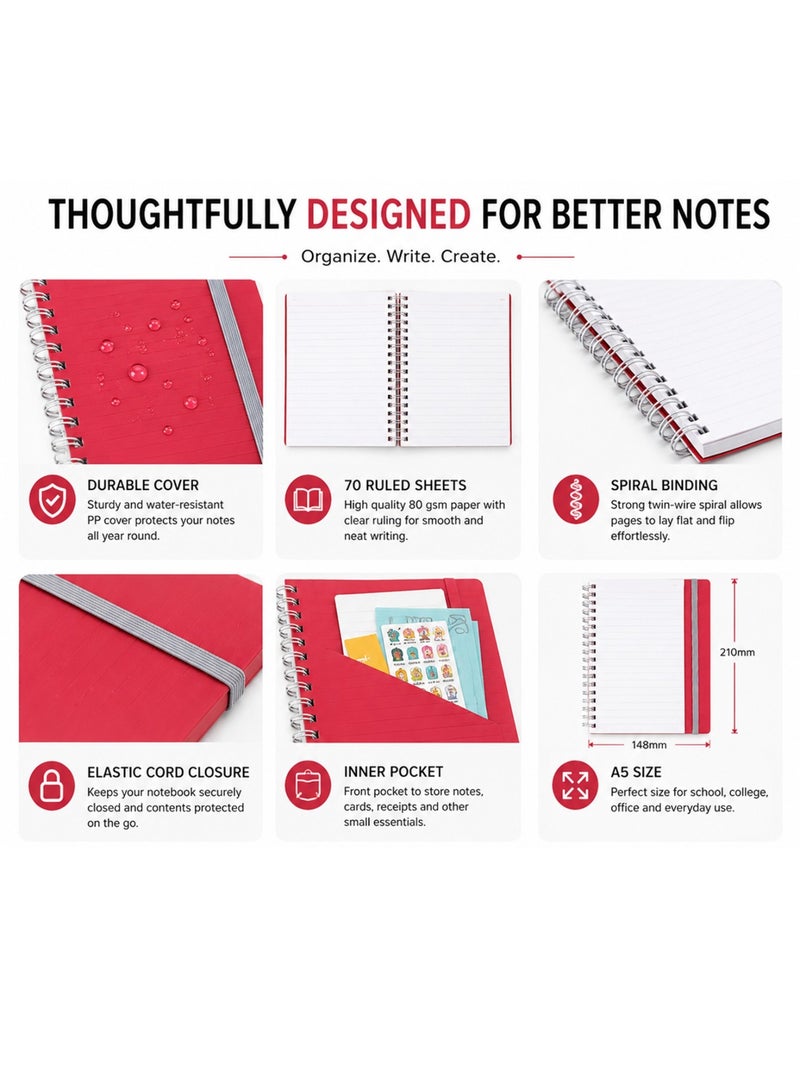 Foldermate 1-Piece A5 Size Spiral Lined Notebook With Elastic Closure 70 Sheets Assorted Colours - Image 2