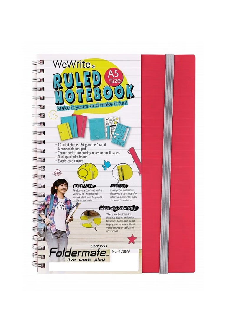 Foldermate 1-Piece A5 Size Spiral Lined Notebook With Elastic Closure 70 Sheets Assorted Colours - Image 5