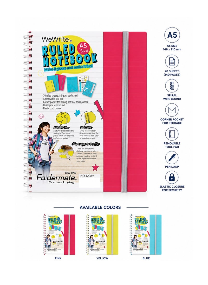 Foldermate 1-Piece A5 Size Spiral Lined Notebook With Elastic Closure 70 Sheets Assorted Colours - Image 1