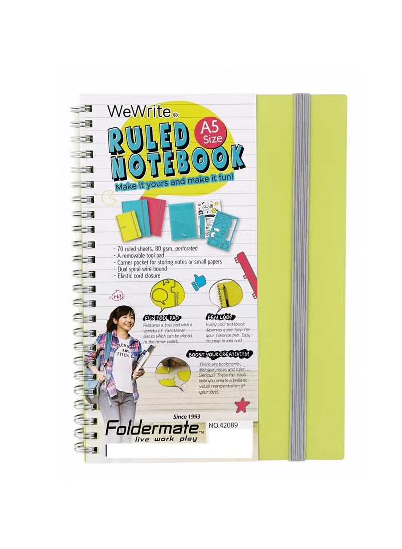 Foldermate 1-Piece A5 Size Spiral Lined Notebook With Elastic Closure 70 Sheets Assorted Colours - Image 3