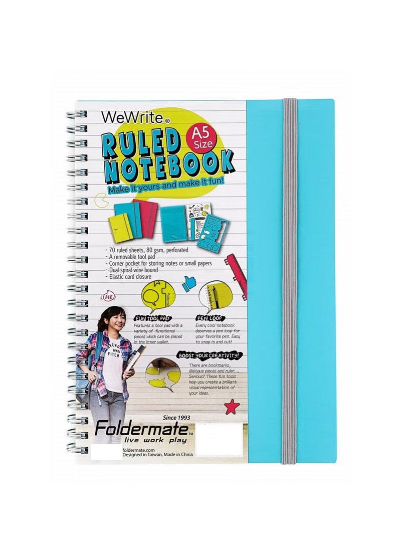 Foldermate 1-Piece A5 Size Spiral Lined Notebook With Elastic Closure 70 Sheets Assorted Colours - Image 4